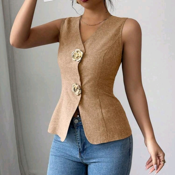 Women's V-Neck Slim Fit Front Gold Rose Button Decor Camisole - Picture 3 of 6